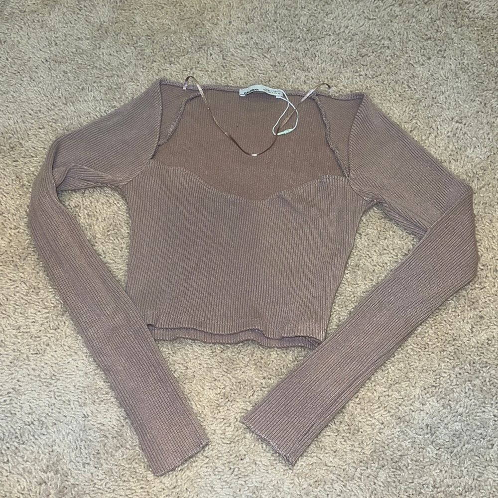 Pull & Bear ribbed sweetheart neck mocha long sleeved crop top